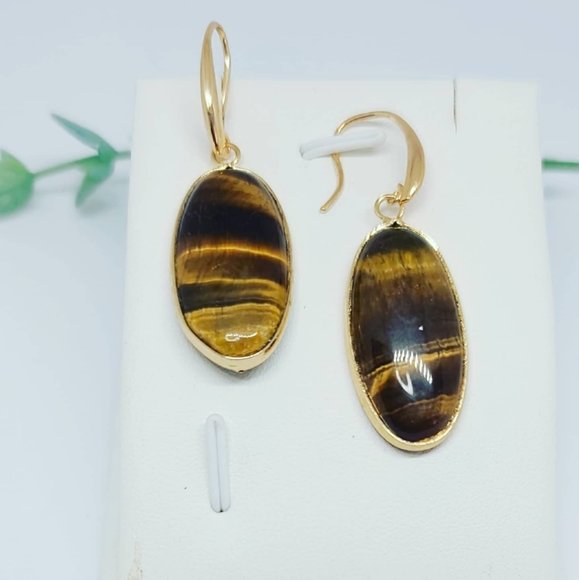 Tiger Eye Long Earrings in gold plated metal ✨ - Picture 2 of 3